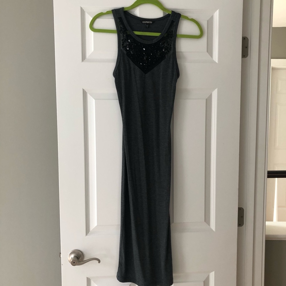 Embellished neckline Heather grey bodycon dress